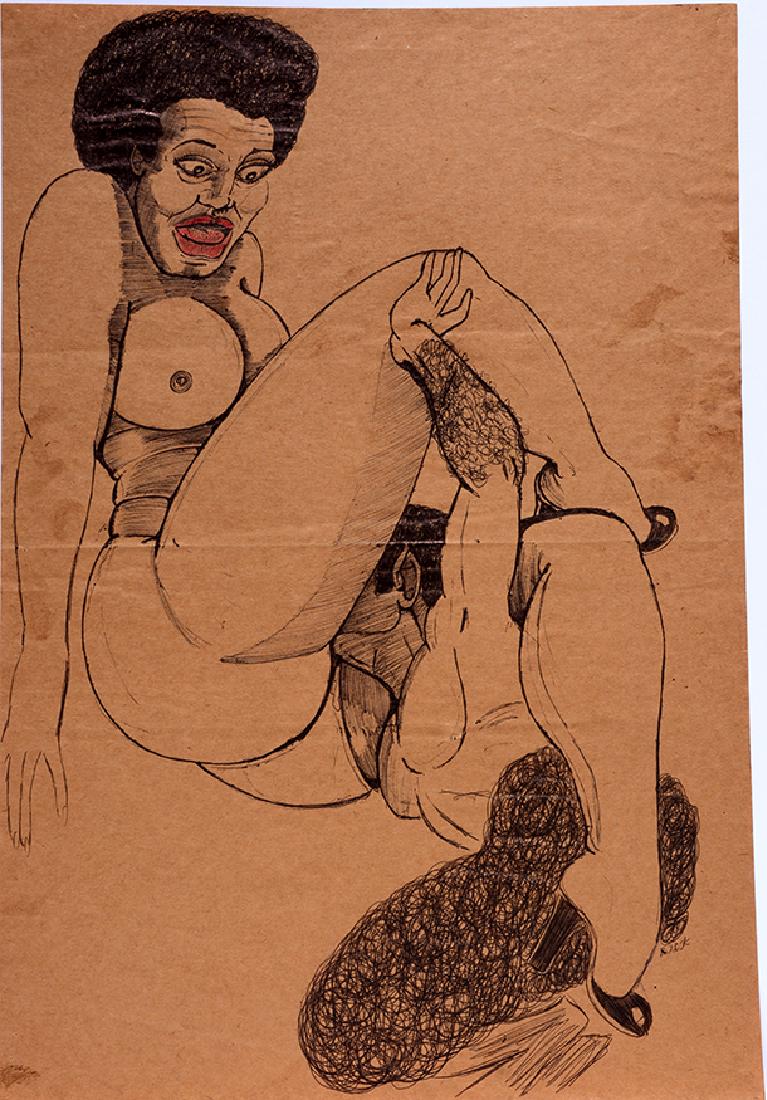 B.E. Riddick. Devil's Forked Tongue.: B.E. Riddick. Mrs. Jones Surprised By The Devil's Forked Tongue. Signed. Ink on brown paper. Excellent condition. 11"x 15.5”. Est. $300-500. Ship: $45