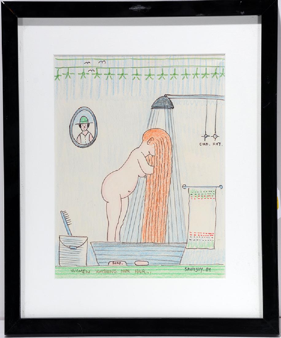 Jack Savitsky. Woman Washing Her Hair.: Jack Savitsky. Woman Washing Her Hair. 1989. Signed, dated and titled. Colored pencil on paper. Excellent condition. Size with frame is 14"w x 17"h. Provenance: The Jimmy Hedges Collection. Est. $100-