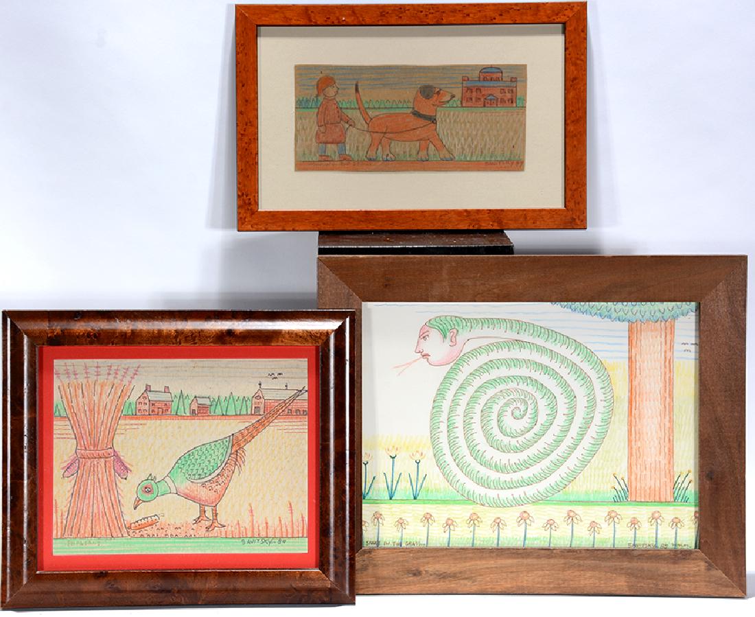 Jack Savitsky. Three Drawings.: Jack Savitsky. Three Drawings. 1985-89. Signed and dated. Colored pencil on paper. Excellent condition. Largest with frame is 14"w x 12"h. Est. $200-300. Ship:$45