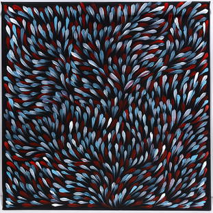 Gloria Petyarre. Sm. Colorful Leaves In Motion.: Gloria Petyarre. Small Red, White and Blue Leaves In Motion. Signed. Oil on canvas. Excellent condition. 24"w x 23"h. Provenance: The Estate of Kevin Reid, owner of the Australian Aboriginal Art