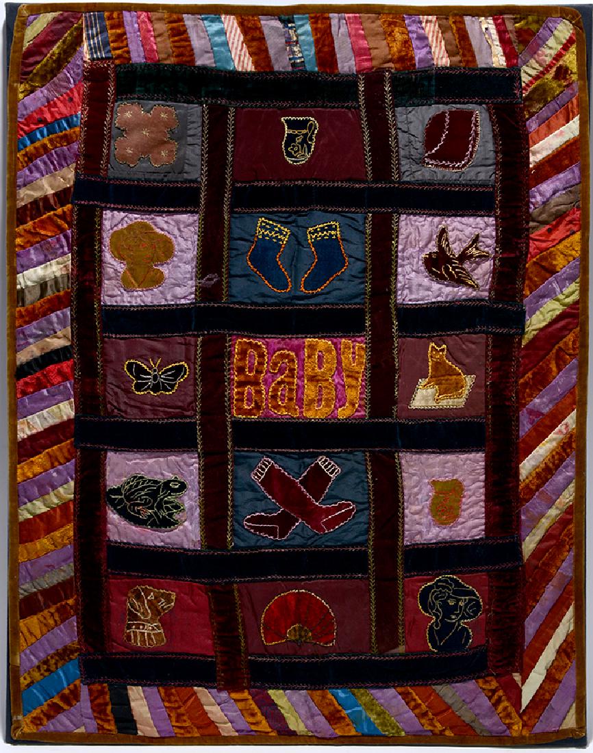 Embroidered Animal Crib Quilt.: Anonymous. Embroidered Animal Crib Quilt. c. 1890. Silks, velvets and cottons with embroidered stitched patterns. Excellent condition. 27"w x 35"h. Est. $1,000-1,500. Ship: $65