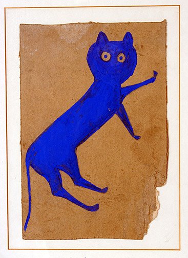 Bill Traylor Blue Cat.: c. 1939-1942. Not signed. "Show Card color on cardboard" Image: 7" x 11". Framed: 15.5" x 18.5" Provenance: Richard Gasperi. Est. $25,000 - $30,000 Ship: $40
