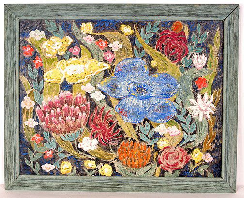 Abraham Levin Flowers.: Double-sided painting. 1. Flowers, c. 1942. 2. Still Life at window, c. 1946. Oil on board. Image: 28" x 22". Framed: 32" x 26". Artist work exhibited at St. Etienne. First time ever offered at Slotin