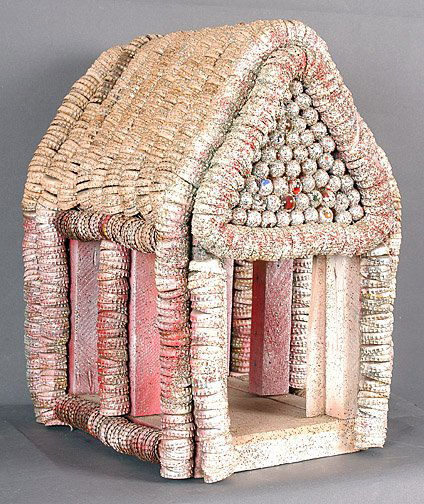 Clarence Woolsey Glittering House.: Bottlecaps, paint, glitter, marbles, wood construction. 17" x 13" x 11" Est. $400-600. Ship: $50
