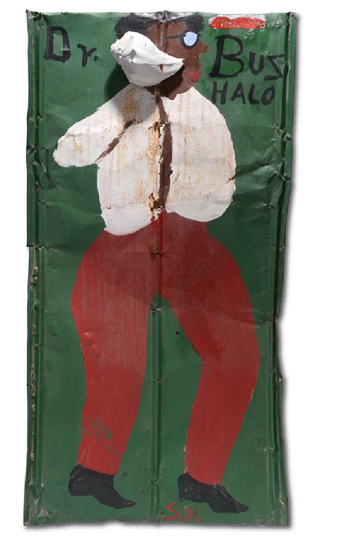 Sam Doyle. Dr. Buz Halo.: Sam Doyle. Dr. Buz Halo. Initialed and titled. House paint on found tin with large 6" x 6" h conch shell attached. Some expected environmental wear and weathering to tin, otherwise great conditi