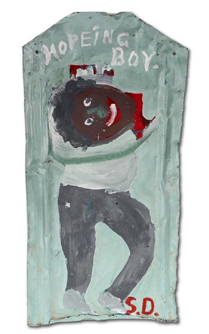 Sam Doyle. Hopeing Boy.: Sam Doyle. Hopeing Boy. Initialed and titled. Paint on found roofing tin. Excellent environmental condition. 15" w x 30" h. Est. $5,000-8,000. Ship: $65