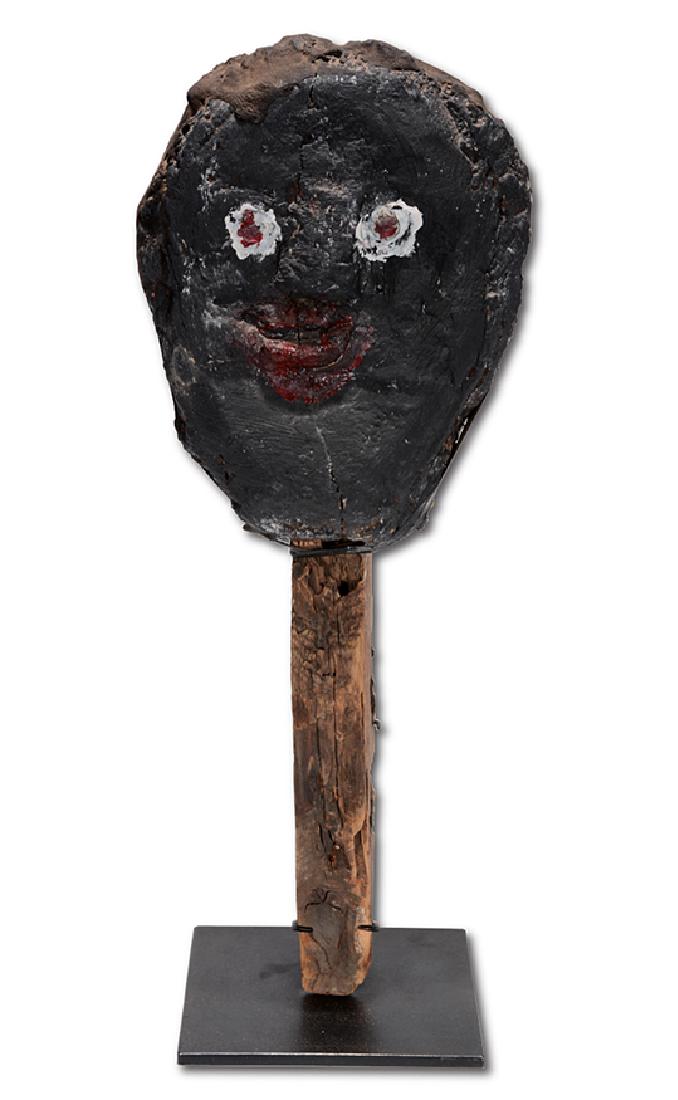 Sam Doyle. Cement Bust.: Sam Doyle. Cement Bust. Not signed. Cement on found wooden post toped with tar and painted. Excellent condition. 7" x 19" h x 7". Provenance: Purchased from Ricco-Maresca Gallery, NY.at one of t