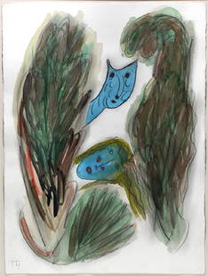 Thornton Dial. Blue Fox And Lady.: Thornton Dial. Blue Fox And Lady.Initialed. Watercolor and graphite on artist paper. Excellent condition. Image is 22" w x 30" h. Frame is 36" w x 44" h. Est.