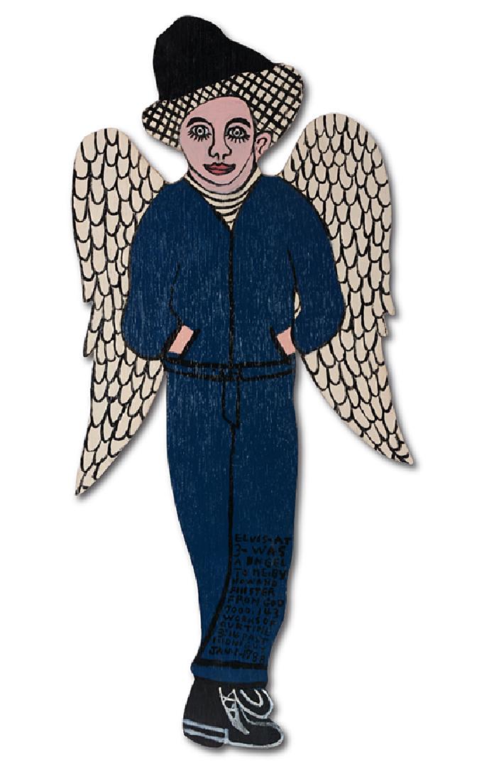 Howard Finster. Elvis At Three Was An Angel To Me.: Howard Finster. Elvis At Three Was An Angel To Me. 1988. #7,143. Signed, dated and numbered. All paint on cut out board. Excellent condition. 11" w x 24" h. Est. $1,000-1,500. Ship: $45