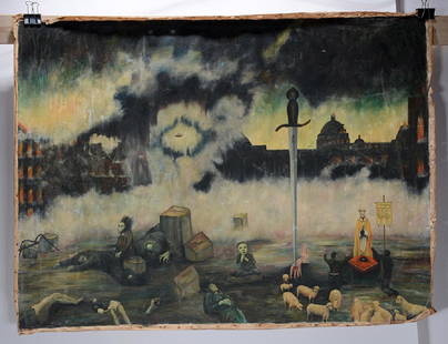 Frank Osterrieder. A-Bomb.: Frank Osterrieder. A-Bomb. c. 1950. Signed. Oil on unstretched canvas. Some wear due to age, with minor repair, otherwise great condition. 48"&#8200;w x 36"&#8200;h. Est. $1,000-2,000. Ship: $45 (Roll