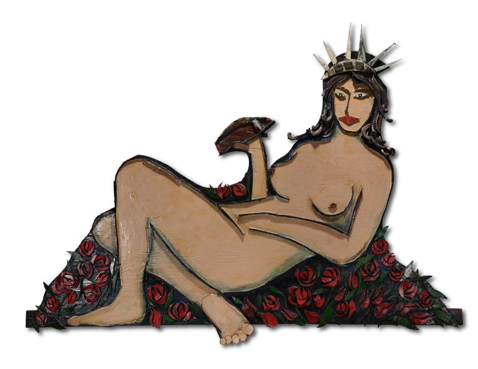 Ab The Flagman. Reclining Nude Statue Of Liberty.: Ab The Flagman. Reclining Nude Statue Of Liberty. Signed. Not dated. Painted found wood construction. Minor chip in wood, otherwise excellent condition. 63" x 47" h x 3". Est. $3,000-4,000. Buye