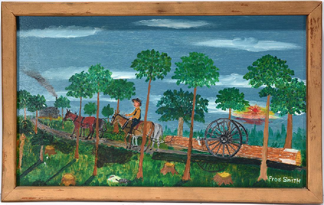 Frog Smith. Hauling Logs With Balanced Cart.: Frog Smith. Hauling Logs With Balanced Cart. Signed and titled. Paint on wood panel. Excellent condition. 24" w x 14" h. Est. $600-900. Ship: $45
