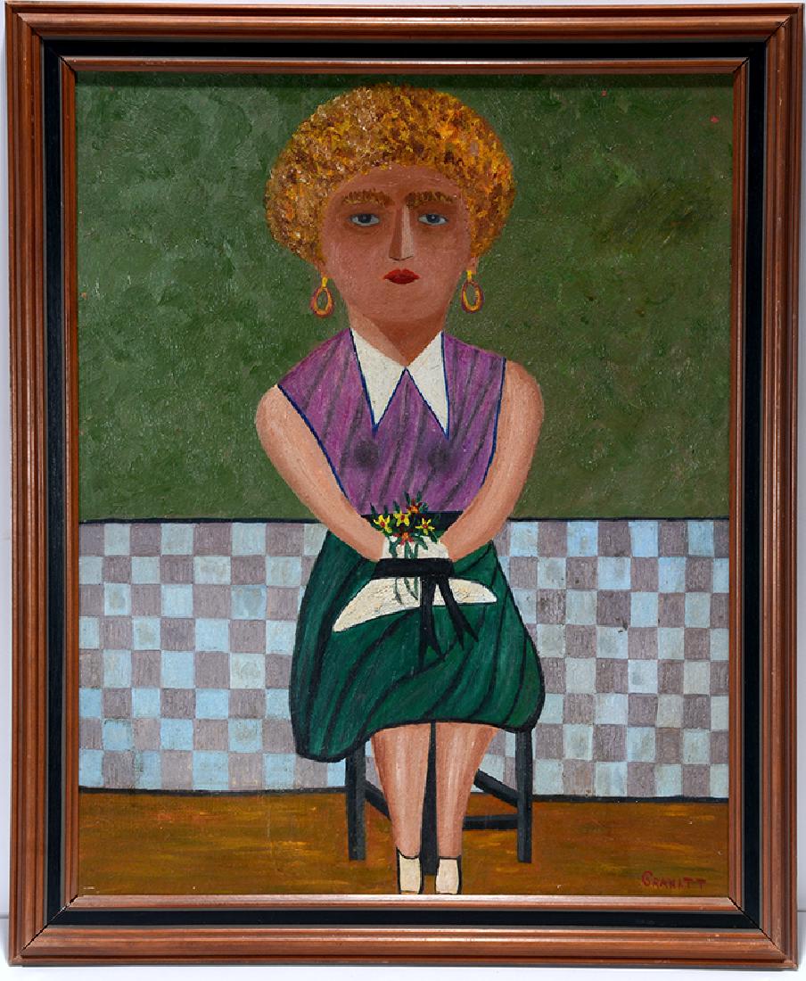Samuel Granatt. The Hat.: Samuel Granatt. The Hat. c. 1950-60. Signed and titled on verso. Oil on canvas board. Excellent condition. 18" w x 22" h including frame. Provenance: Fleisher / Ollman Gallery. Est. $800-1,200. 