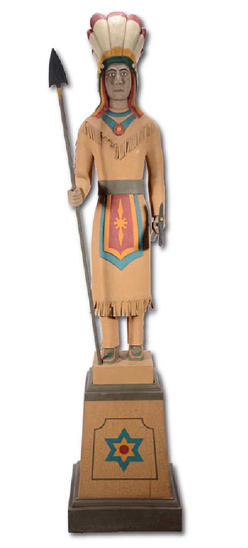 S. Cornette. Indian Chief.: S. Cornette. Indian Chief. c. 1980's. Carved and painted wood with leather tassels. Some loss to leather, and crazing, otherwise great condition. 59" h x 13" x 13". Est. $1,000-1,500. Buye