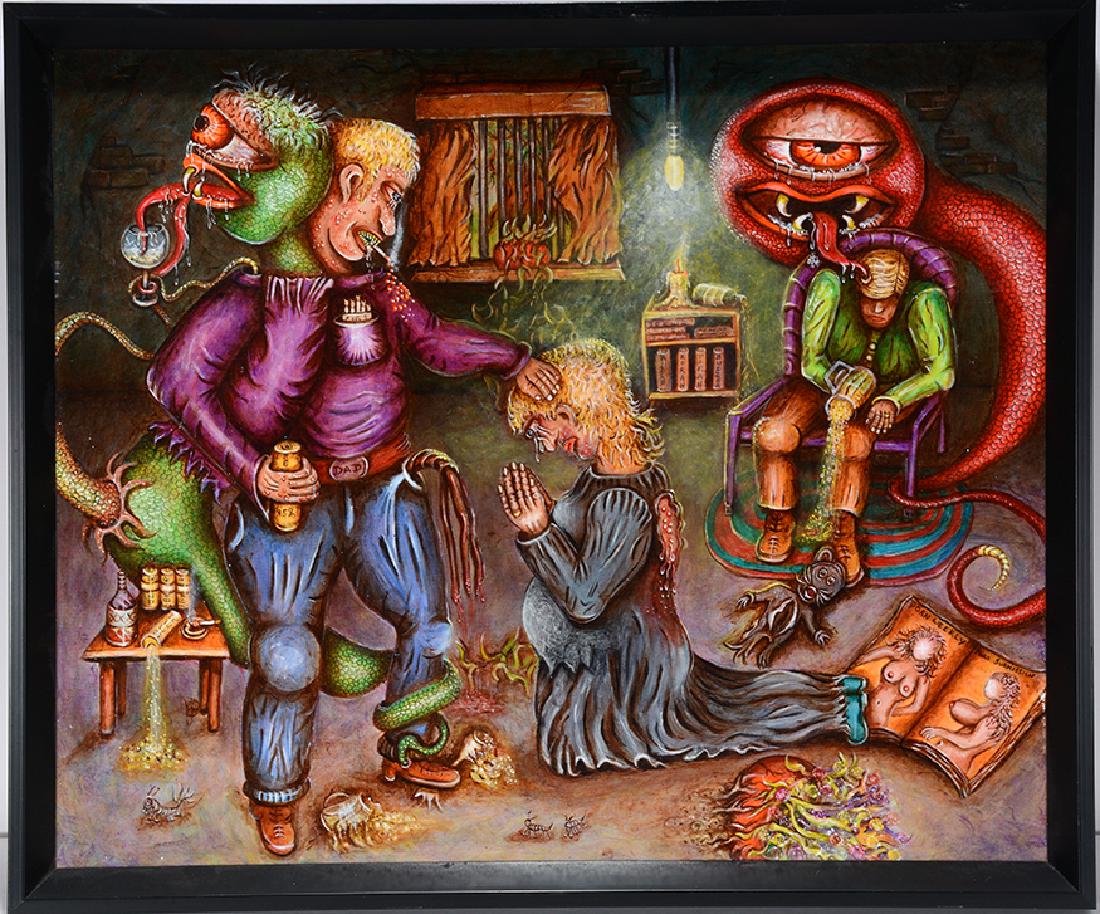 Lori Jae Reich. And The Story Goes On.: Lori Jae Reich. And The Story Goes On. 2003. Signed and dated on verso with letter explaining art. Oil on canvas. Excellent condition. 25" w x 21" h with frame. Est. $500-800. Ship: $55