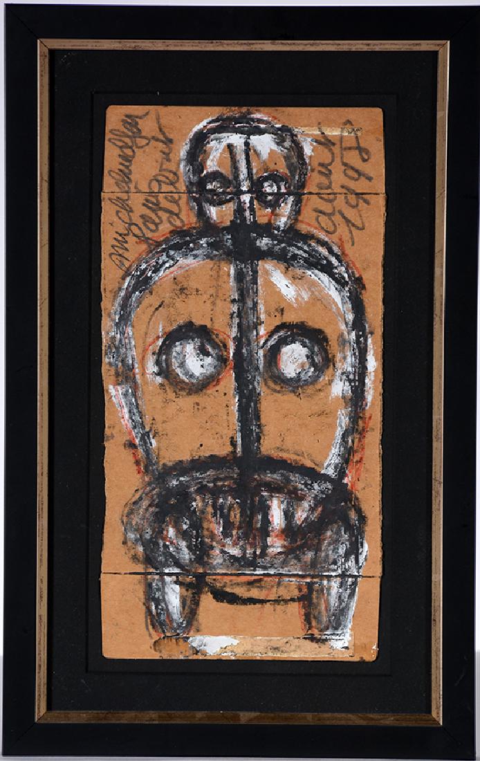Michel Nedjar. Untitled: Michel Nedjar. Untitled. 1998. Signed and dated. Paint on found cardboard. Excellent condition. Image is 5.5" w x 11" h. Frame is 9.5" w x 15" h. Est. $800-1,200. Ship: $35