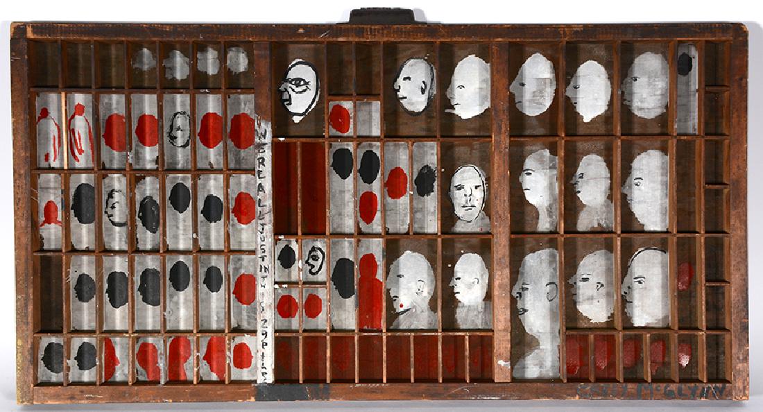 Casey McGlynn. All In Together.: Casey McGlynn. All In Together. Signed and titled. Paint on found type-set tray. Good condition. 32" w x 17" h. Est. $200-300. Ship $65