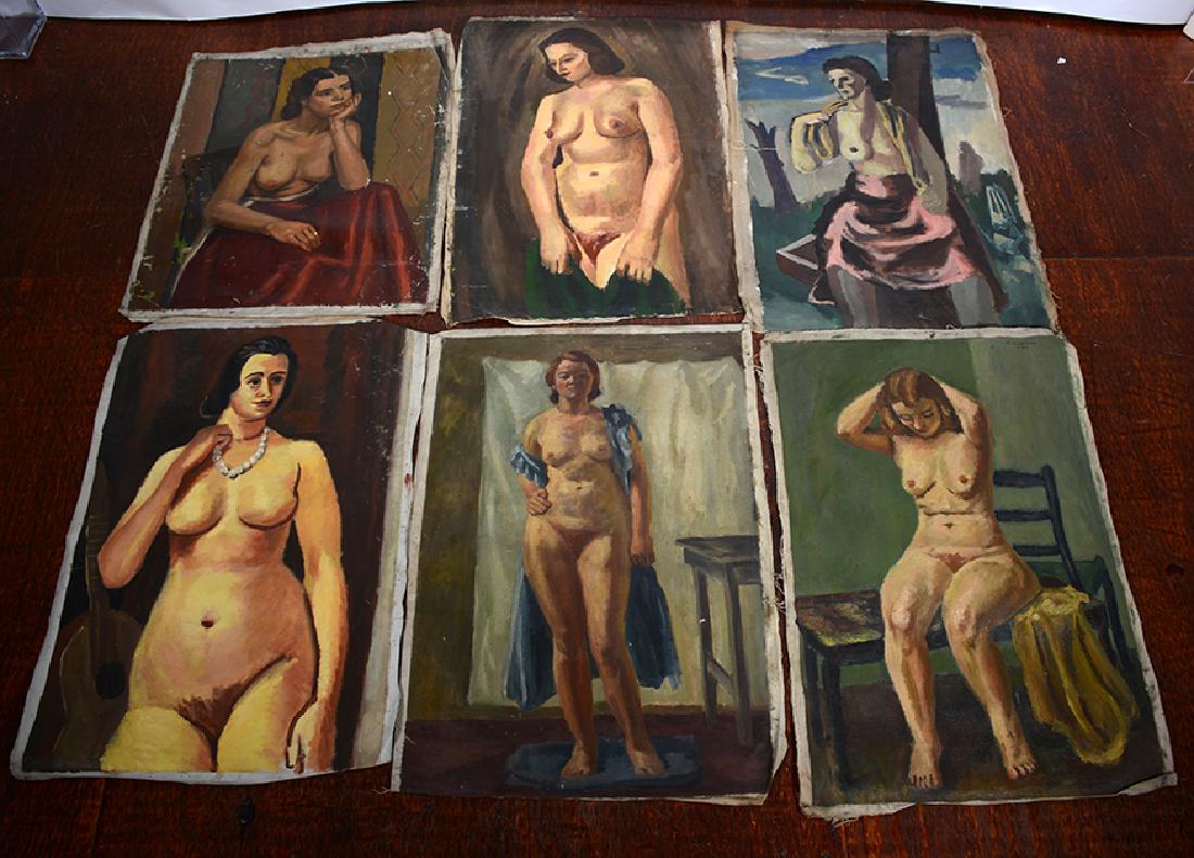 Sidney Koblenz. Group of Six Nudes.: Sidney Koblenz. Group of Six Nudes. c. 1940. Signed. Paint on unstretched canvas. Good to fair condition. Average size is 24" x 35". Est. $300-500. Ship: $75