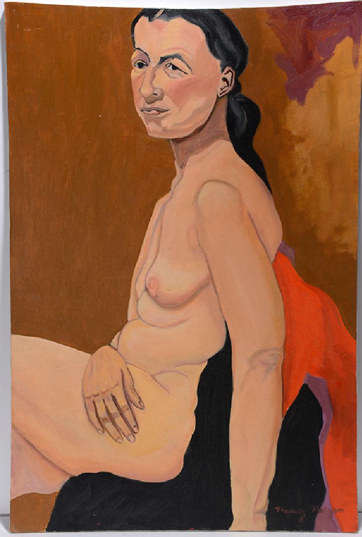 Nancy Raizen. Nude with Autumn Background.: Nancy Raizen. Nude On Autumn Colored Background. c. 1980’s. Signed. Oil on canvas. Excellent condition. 24" w x 36"h. She came from wealth and sat on the board of the Jewish Community Center in West