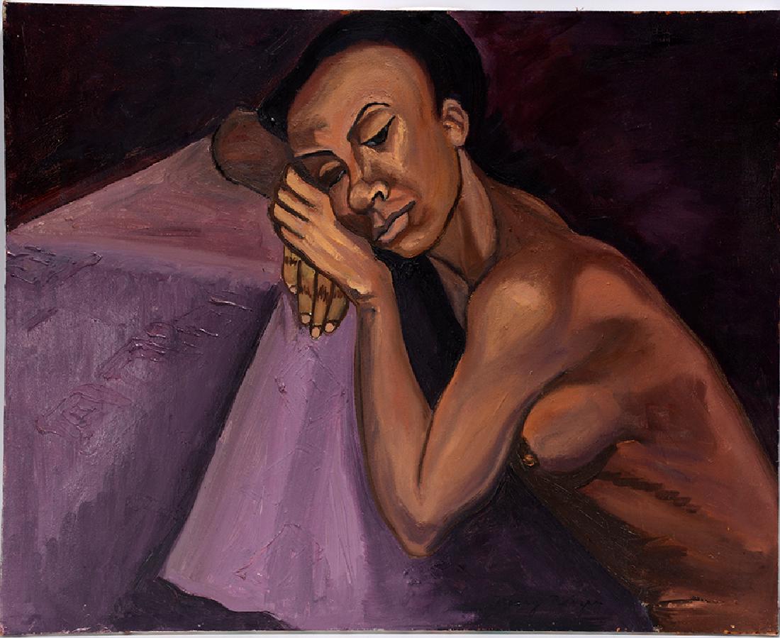 Nancy Raizen. Nude Resting On Purple.: Nancy Raizen. Nude Resting On Purple. c. 1980’s. Signed. Oil on canvas. Excellent condition. 30" w x 24"h. Est. $200-400. Ship: $65