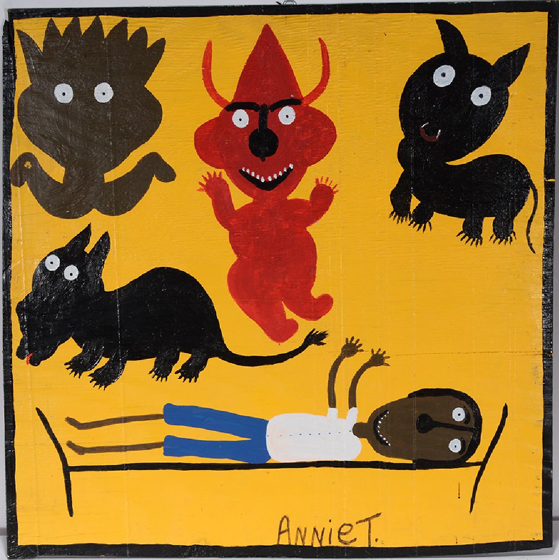 Annie Tolliver. Daniel Dreaming About 4 Beasts.: Annie Tolliver. Daniel Dreaming About Four Beasts. 2003. Signed, dated and titled. Paint on board. Excellent condition. 24" w x 23" h. Est. $300-500. Ship: $45