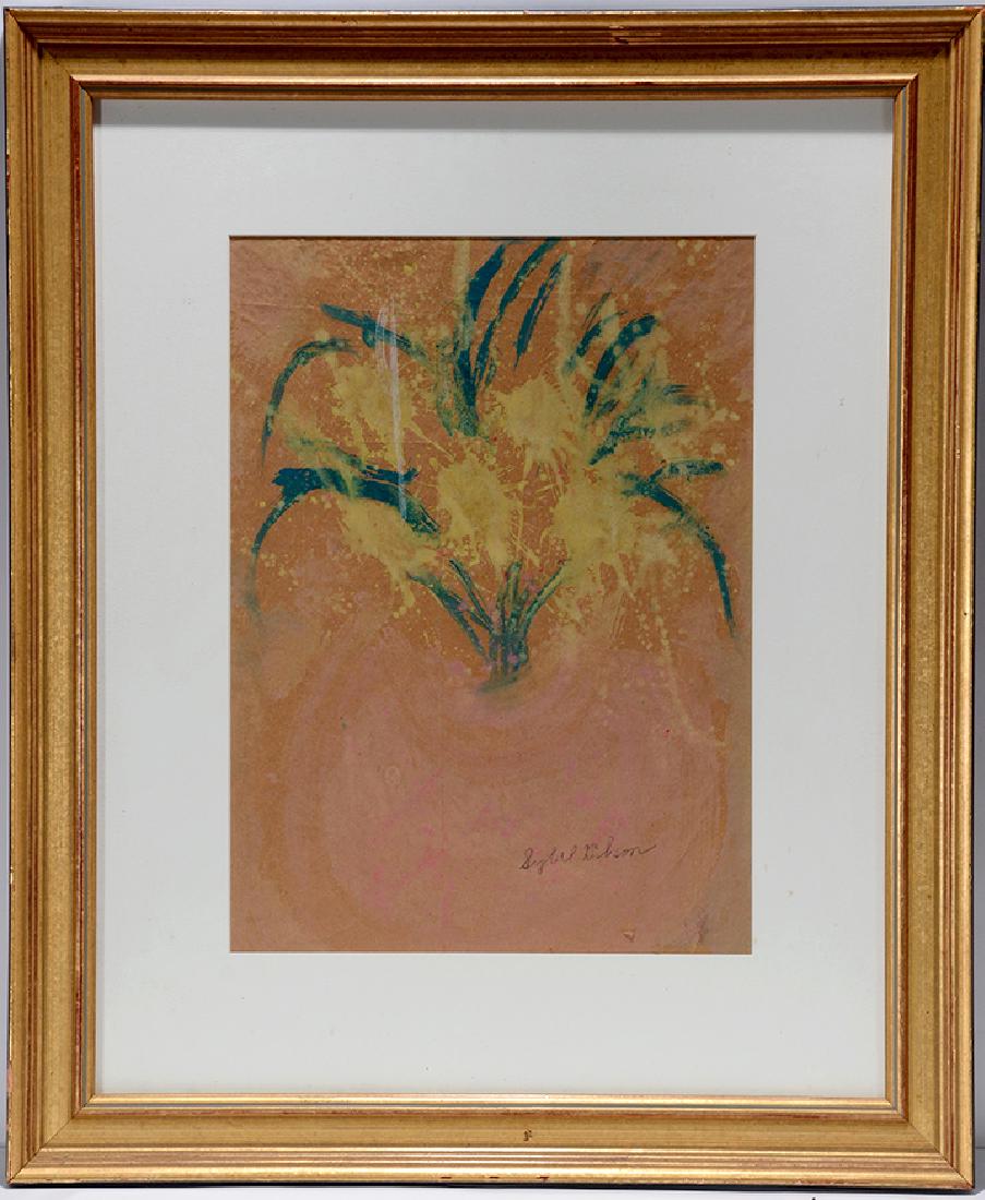 Sybil Gibson. Floral In Vase.: Sybil Gibson. Floral In Vase. c. 1970’s. Watercolor on brown grocery bag. Some fading, otherwise fair condition. Size with frame is 23" w x 28"h. Prov.: The Jimmy Hedges Collection. Est. $200-300. S
