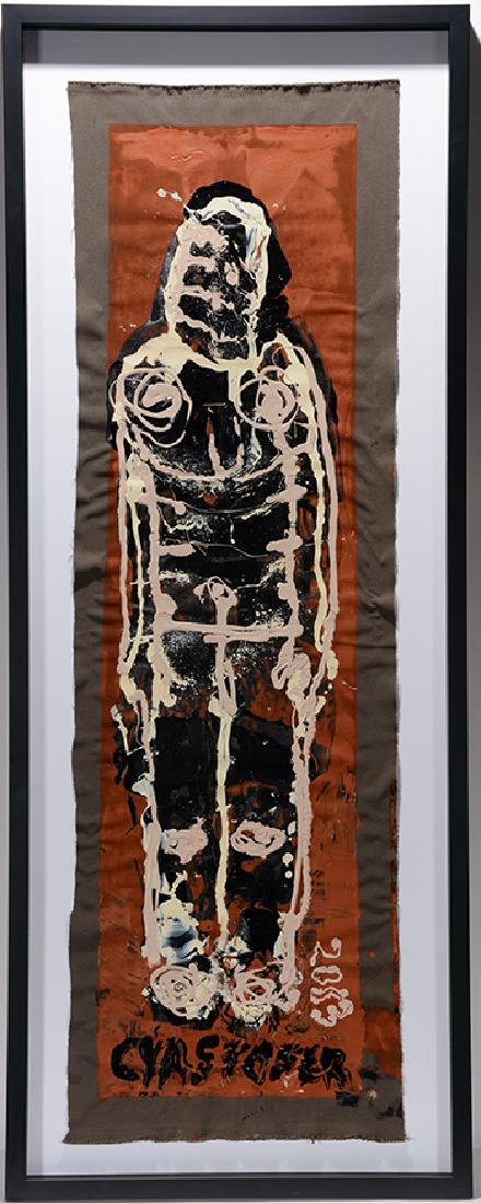 Cyrsotofer Shoemaker. Large Figure On Brown.: Christopher (Cyrsotofer) Shoemaker. Large Figure On Brown. 2003. Signed and dated. Paint on fabric. Excellent condition. 24" w x 63"h with frame. Est. $500-800. Ship: $200