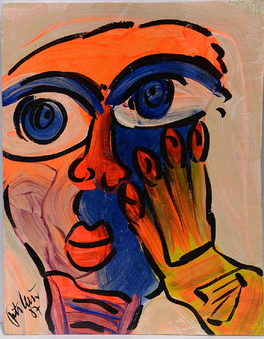 Peter Keil. Portrait.: Peter Keil. Portrait. 1987. Signed, dated and titled on verso. Acrylic on mixed media on board. 24" w x 21"h x 3"d. Est. $300-500. Ship: $45