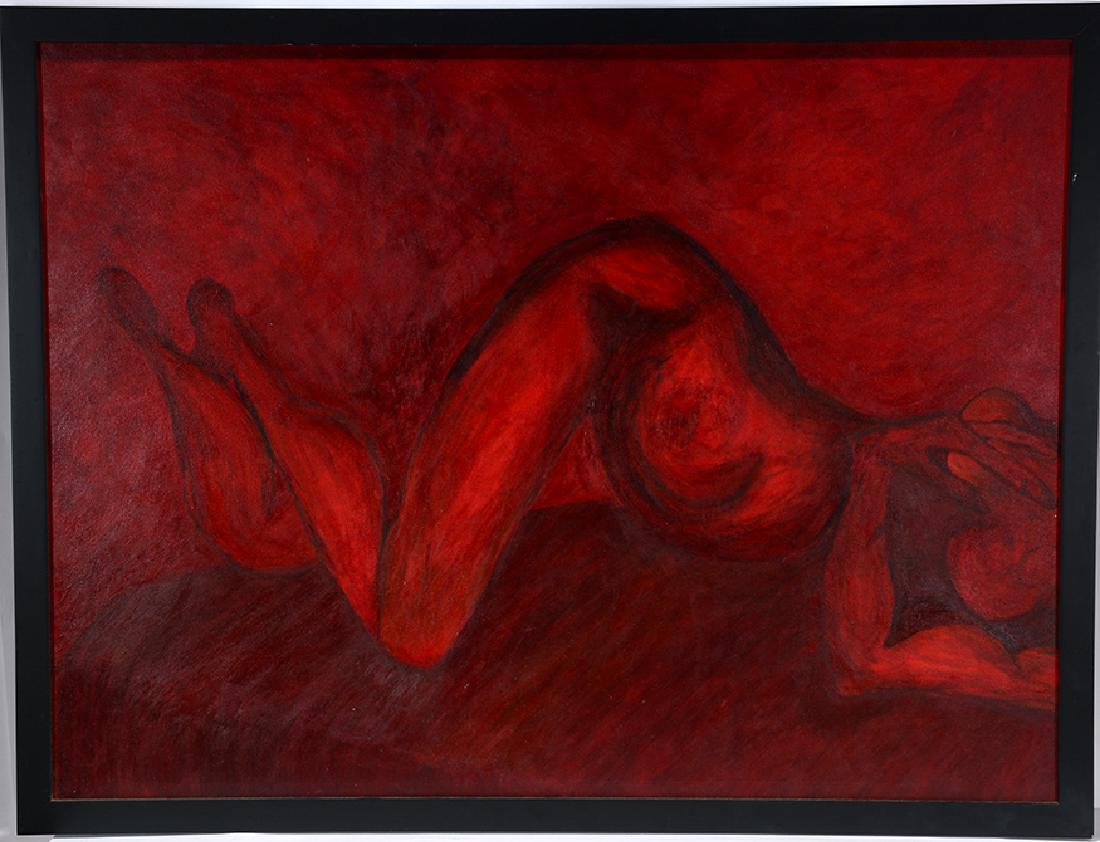 Reclining Nude In Red.: Unknown Artist Reclining Nude In Red. Not signed. Paint on canvas. Excellent condition. 50" w x 48"h including frame. Provenance: The Jimmy Hedges Collection. Est. $200-400. Ship: $250