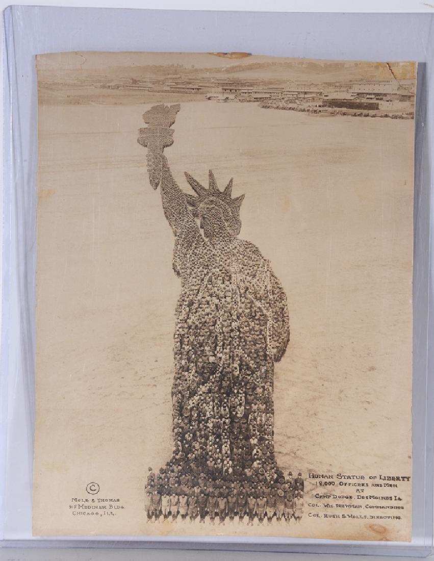 Mole & Thomas. Human Statue of Liberty.: Mole & Thomas. Human Statue of Liberty. 18,000 Officers & Men At Camp Dodge, DeMoines, IA. Signed and stamped. Photo top edges are torn and appears to be trimmed down on sides, otherwise good conditio