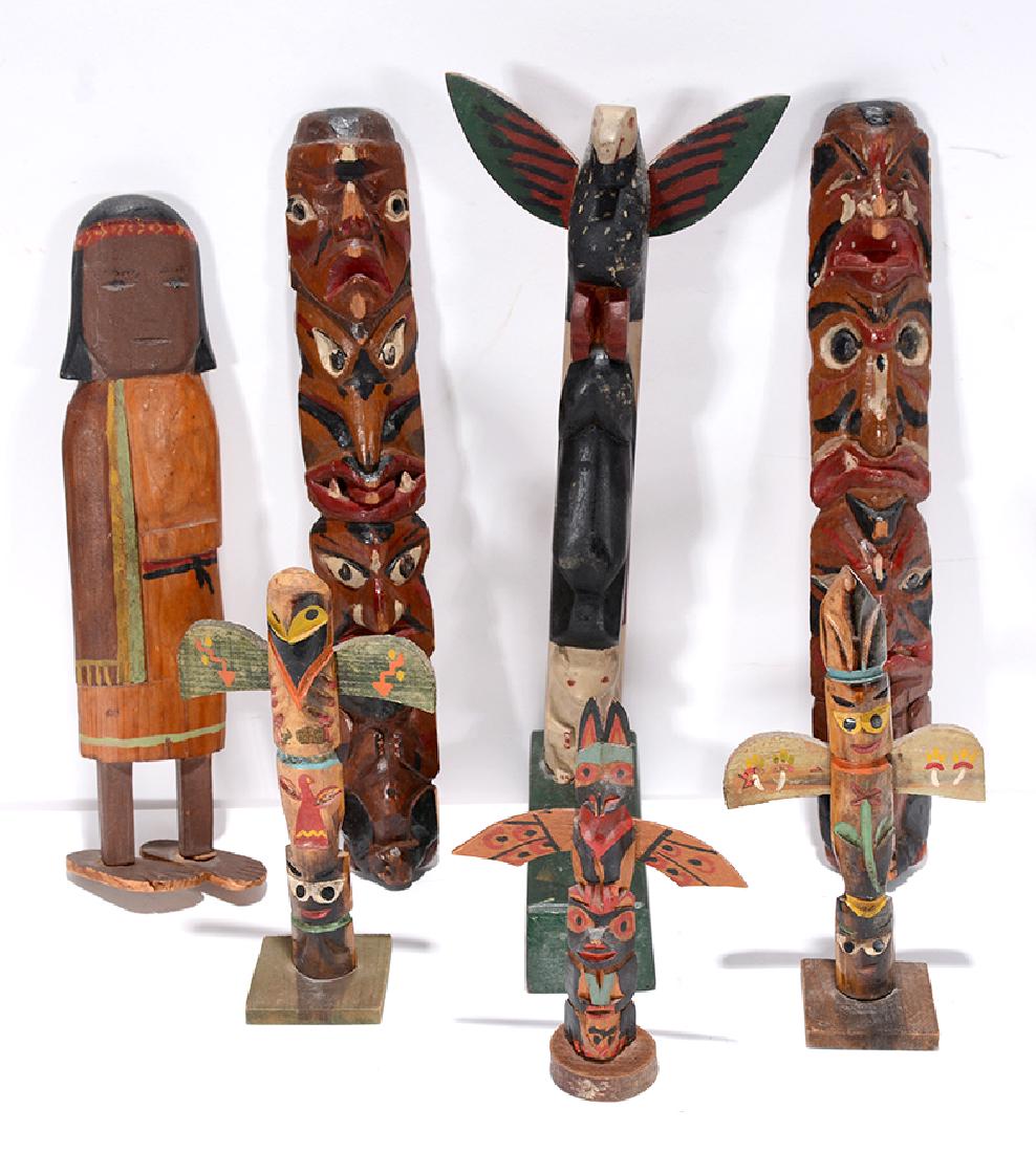 Native Am. 6 Totem Tourist Souvenir Figures.: Pacific Coast Native American. Six Totem Tourist Souvenir Figures. Not signed. Carved and painted wood. All in good to great condition. Tallest is 12"h. Est. $200-300. Ship: $45