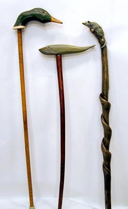 3 Animal Canes: Duckhead Cane, unknown maker, Whale, by Ralph Buckwalter, 1984, 34" h. (small damage on whale tail) and Rat Cane by Miller and Bryant, 1990, 53" h. Provenance: Herbert Hemphill Collection.