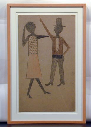 Bill Traylor Man & Woman Pointing: c. 1940's. Folk Art Masterpiece. Pencil and colored pencil on cardboard, 10.25" w x 17" h, archival framed, 14.5" w x 22" h. Colors on the piece are great, some slight fading on the woman's skirt, but