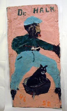 Sam Doyle Dr. Halk: Dr. Halk was a very important person to the people of the Gullah Islands for his healing and mystical powers. Housepaint on tin with attached chicken bone. 27.5" w x 54" h. Excellent piece! Provenance