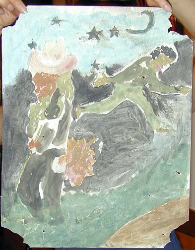 Sam Doyle Moonlight Cowboys: Watercolor on paper. This piece was probably attached to Doyle's wall. Fair condition. Originally attached to the wall with tacks or nails.