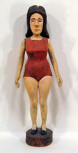 Clarence Stringfield Bathing Beauty: Carved and painted wood. 17" h. The Bathing Beauty is the most desirable of Stringfield's carvings. Provenance: Chuck and Jan Rosenak.