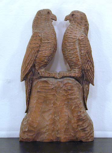 Clarence Stringfield Parrots: Carved natural wood. 8" w x 14" h. Provenance: Florida Folk Art Museum. Est. $400-600