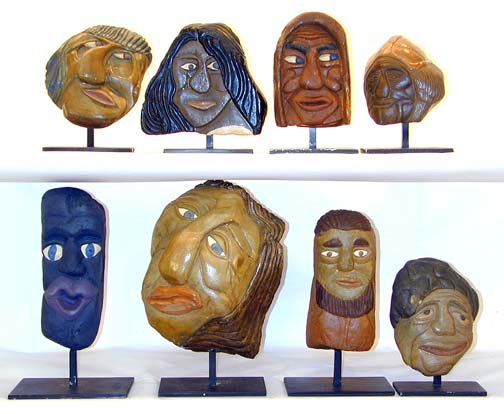 David Marshall 8 Stone Heads: Most are in great condition, a couple have slight chipping. 8" x 12" h to 6" x 7". All have sturdy metal display stands. Heads may have been created by David's brother.