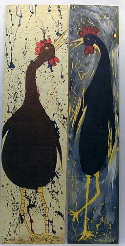 Ernest Lee Chickens: 2 paintings. Latex on wooden boards, each about 12" w x 48" h.