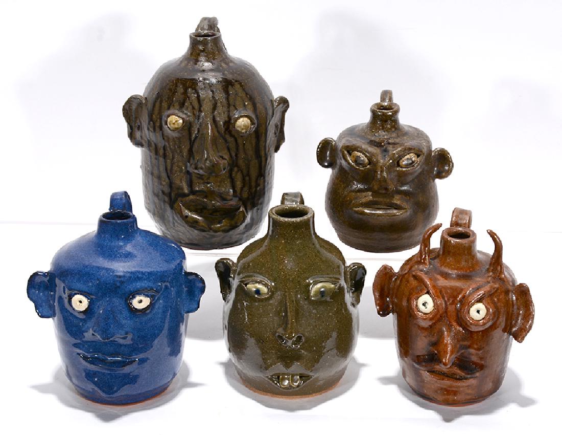 Mildred, David & Anita Meaders. 5 Small Face Jugs.: Mildred, David & Anita Meaders. 5 Small Face Jugs. All are signed. The one Anita jug has repair to ear. All others are in mint condition. Average size is 6"h. Est. $300-600. Ship: $85