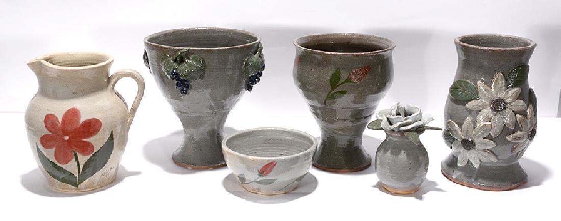 Anita Meaders. 6 Pots with Flowers & Grapes.: Anita Meaders. 6 Pots with Flowers & Grapes. Signed. All in mint condition. Largest is 10"h. Est. $300-500. Ship: $100