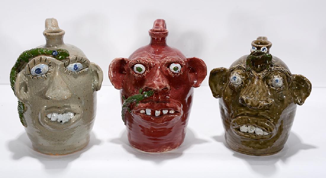 Jerry Brown. 3 Lg Face Jugs w Snake, Lizard & Frog.: Jerry Brown. 3 Lg Face Jugs w Snake, Lizard & Frog. 2003-4. Signed and dated. All in mint condition. Average size is 12"h. Est. $400-600. Ship: $100