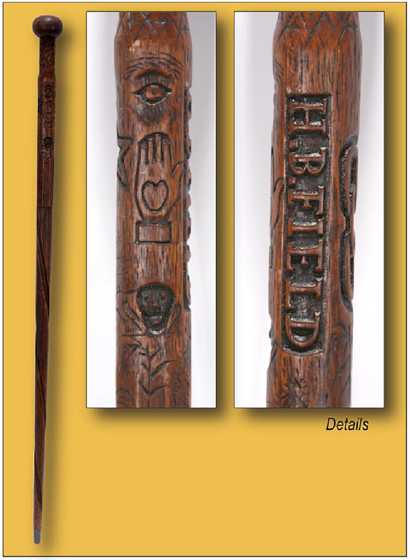 H.B. Field. Odd Fellows Symbol Cane.: H.B. Field. Odd Fellows Cane. Signed. Carved and stained wood. Excellent condition. 33"h. Prov. Estelle Friedman. Est. $300-500. Ship: $45