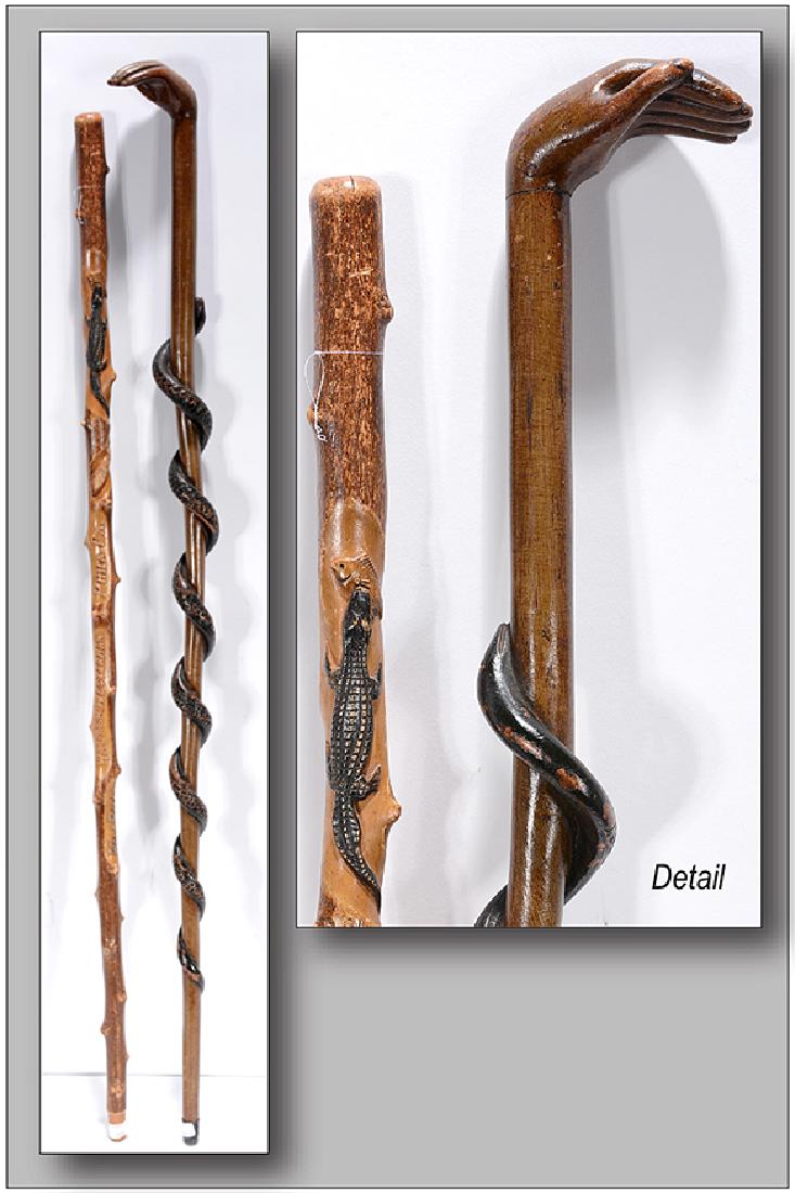 Walter Westerman & Unknown. Carved Canes.: Walter Westerman & Unknown. Carved Canes. Decorated with Gators, Snakes, Names & Dates & Hand With Coiled Snake Cane. Walter Westerman cane is signed and dated, 1929. Other cane is not signed or dated