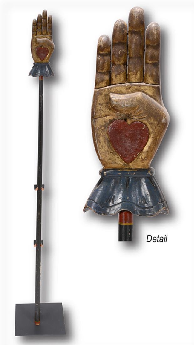 Odd Fellows Lodge. Heart In Hand Staff.: Odd Fellows Heart In Hand Staff. Carved and painted wood. Some wear to paint, otherwise great condition. 62"h including display stand. Est. $1,000-1,500. Ship: $100