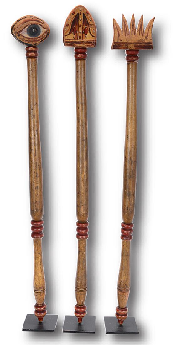 Odd Fellows Lodge Staffs: Eye, Shield & Flame.: Odd Fellows Lodge Staffs: Eye, Shield & Flame. Carved and painted wood. Some wear, otherwise great condition. 31"h. Est. $600-900. Ship: $75