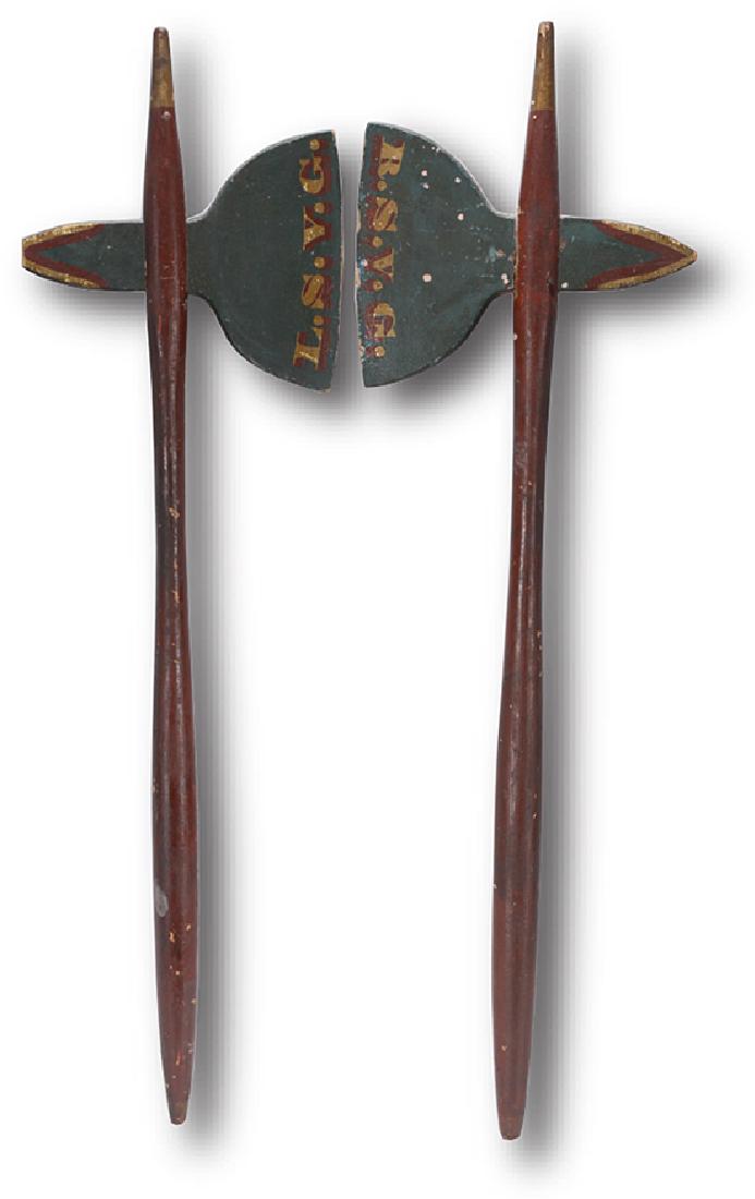 Odd Fellows Lodge Pair Of Hand Axes.: Odd Fellows Lodge Pair Of Hand Axes. Carved and painted wood. Minor repair and loss to paint, otherwise good condition. 30" h x 9"w. Est. $200-400. Ship: $45