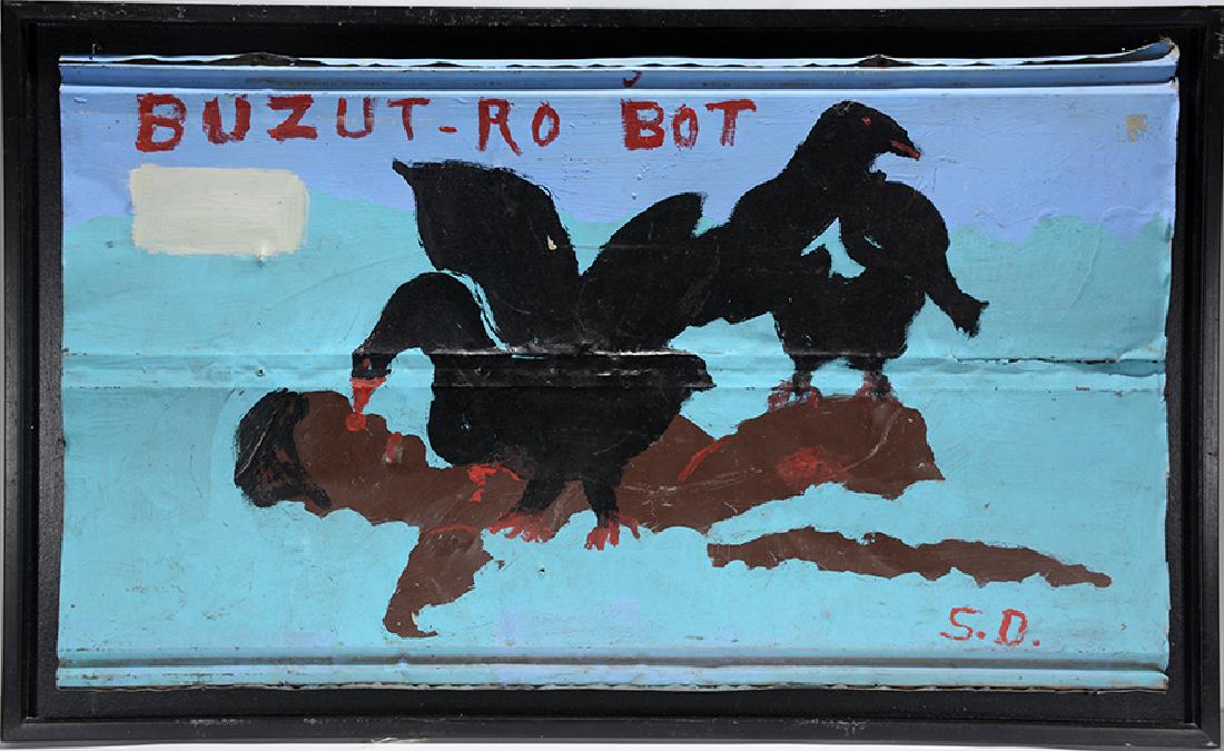 Sam Doyle. Buzut-Ro-Bot.: Sam Doyle. Buzut-Ro-Bot (Buzzard Row Boat). c. 1970's. Initialed and titled. Housepaint on found used roofing tin. Expected environmental weathing and rust, otherwise great condition. Image is 45" w x