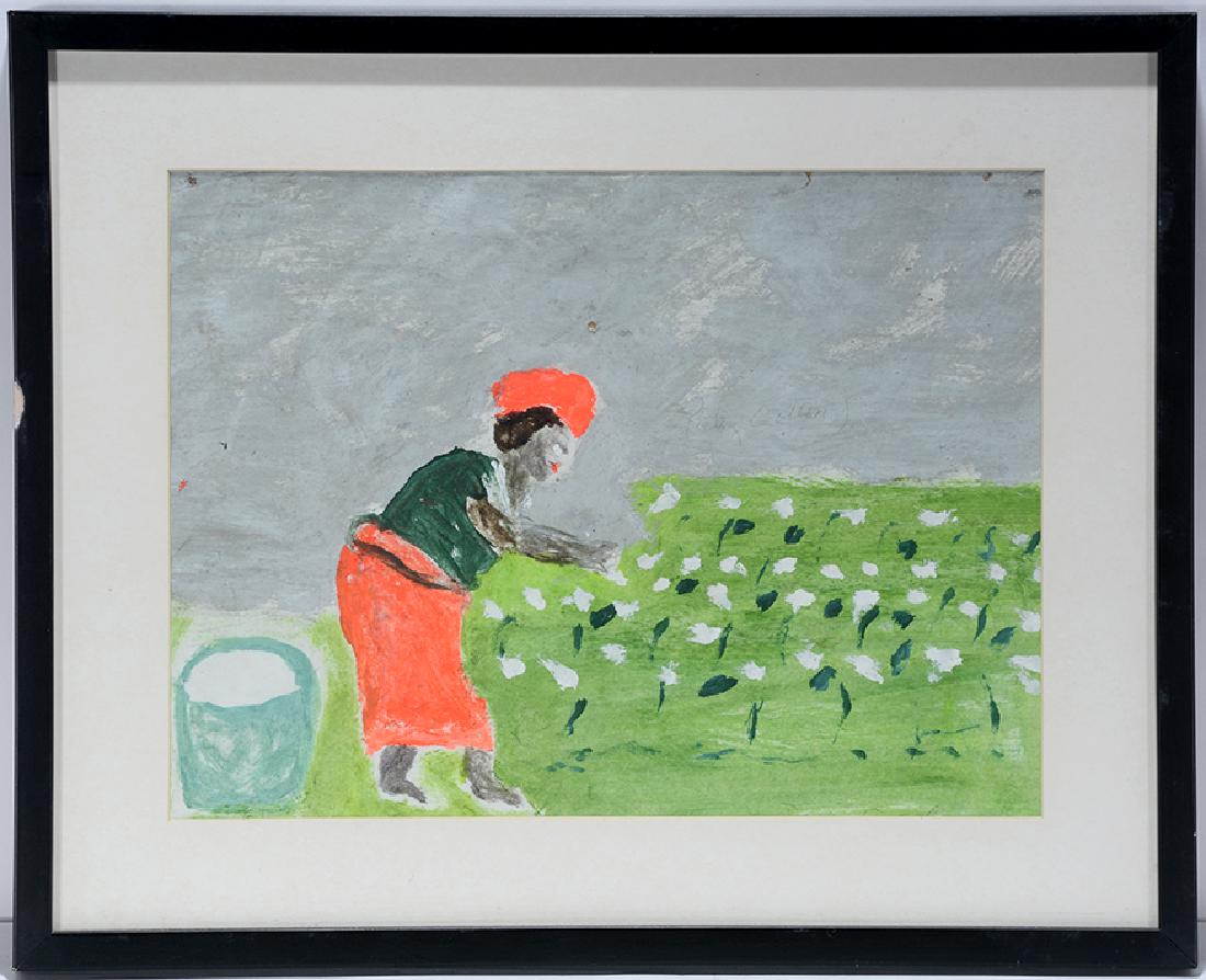 Sam Doyle. Picking Cotton.: Sam Doyle. Picking Cotton. Not able to see signature. Titled. Paint on found paper. Piece was nailed to wall, otherwise great condition. Image is 15" w x 11"h. Frame is 21"w x 17"h. Provenance: The Ro