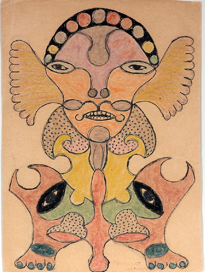 Minnie Evans. Face With Mirror Profile Beneath.: Minnie Evans. Face With Mirror Profile Beneath. c. 1950's-60's. Signed. Not dated. Crayon, ink and colored pencil on brown paper. Excellent condition. Image is 8.75" w x 12"h. Frame is 15"w x 19"h. Es